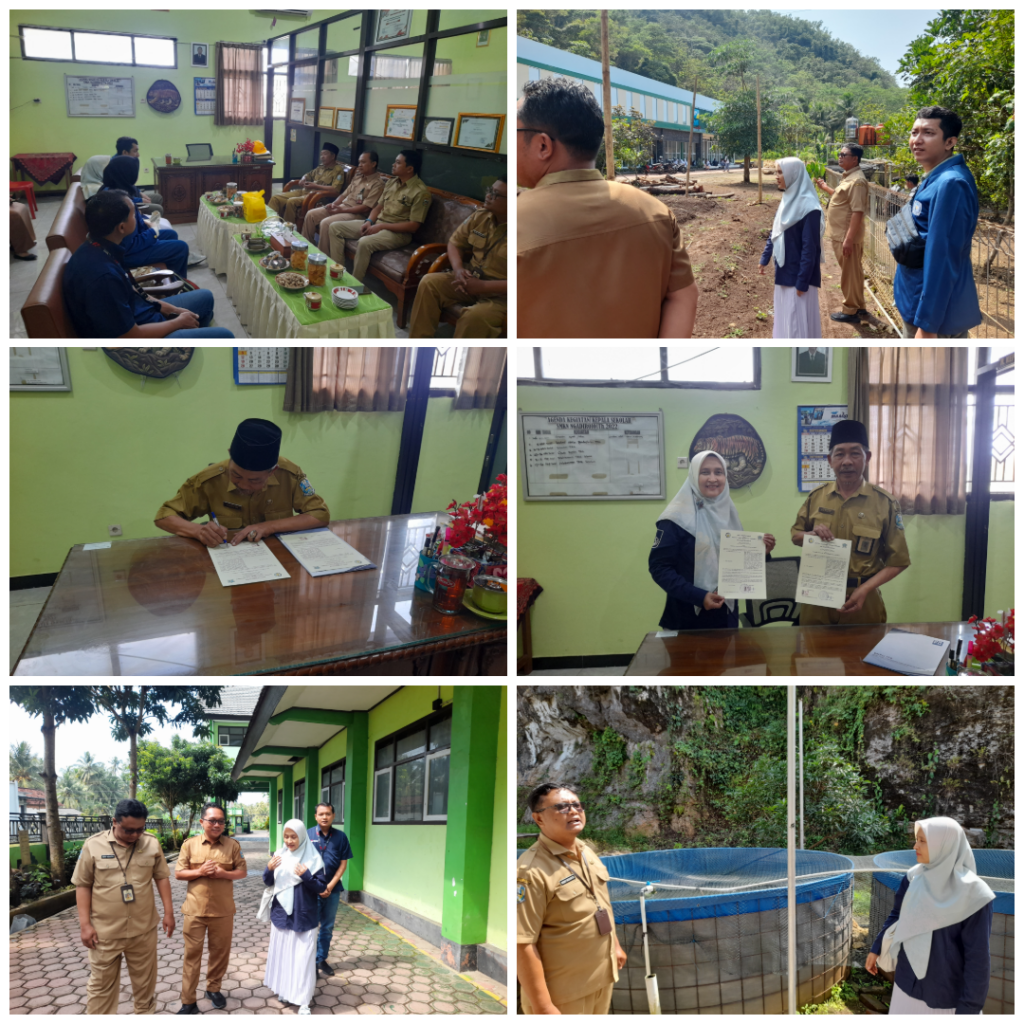 Collage showing project team members meeting with school and village representatives, visiting local sites, and formalizing the collaboration in Indonesia.